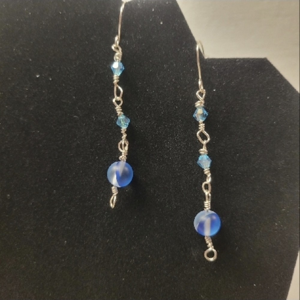 Elegant Silver and Blue Beaded Dangle Earrings